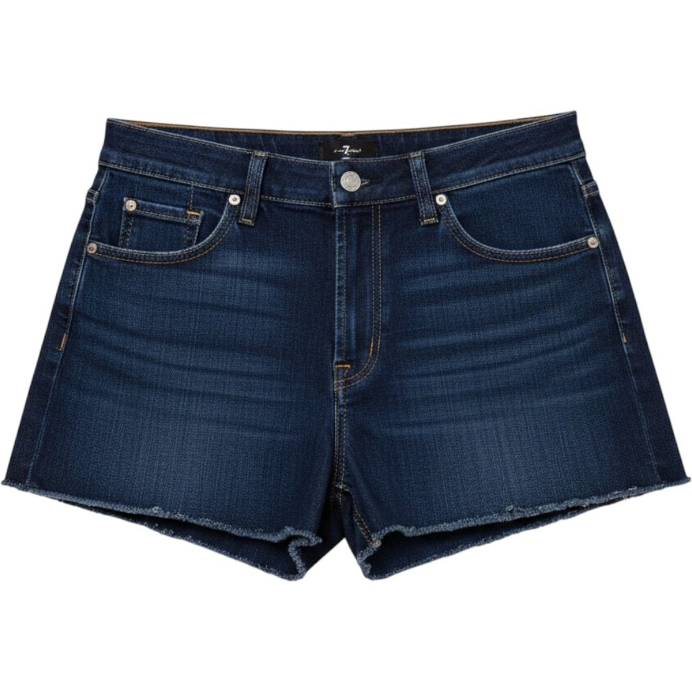 7‎ For All Mankind Womens High Waist Raw Hem Denim Shorts Dark Wash Blue Size 28